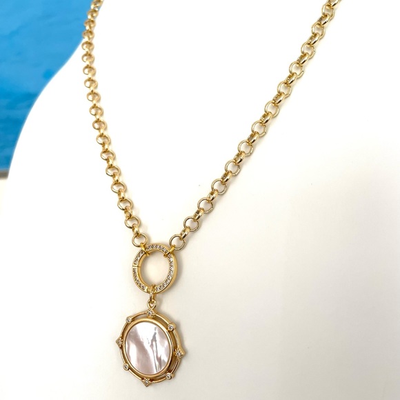 Gold Rolo Belcher Chain Pearl Coin Pendant Necklace Shell Medallion Charm Holder - Picture 3 of 7